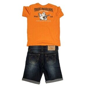 NWT $69 Boys True Religion Jean Shorts & Shirt Small S 6 7 Orange Blue Denim